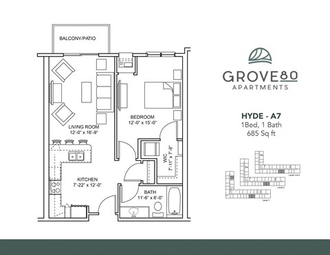 Floor plan for 1 bed, 1 bath, 685 sqft
